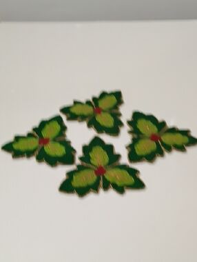 Vintage Beaded Green Floral Coasters with Red Centers - Set of 4